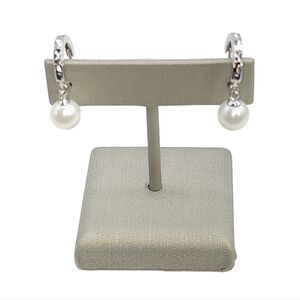 White Round Cultured‎ Freshwater Pearl Dangle Hoop Earring 925 Sterling Silver